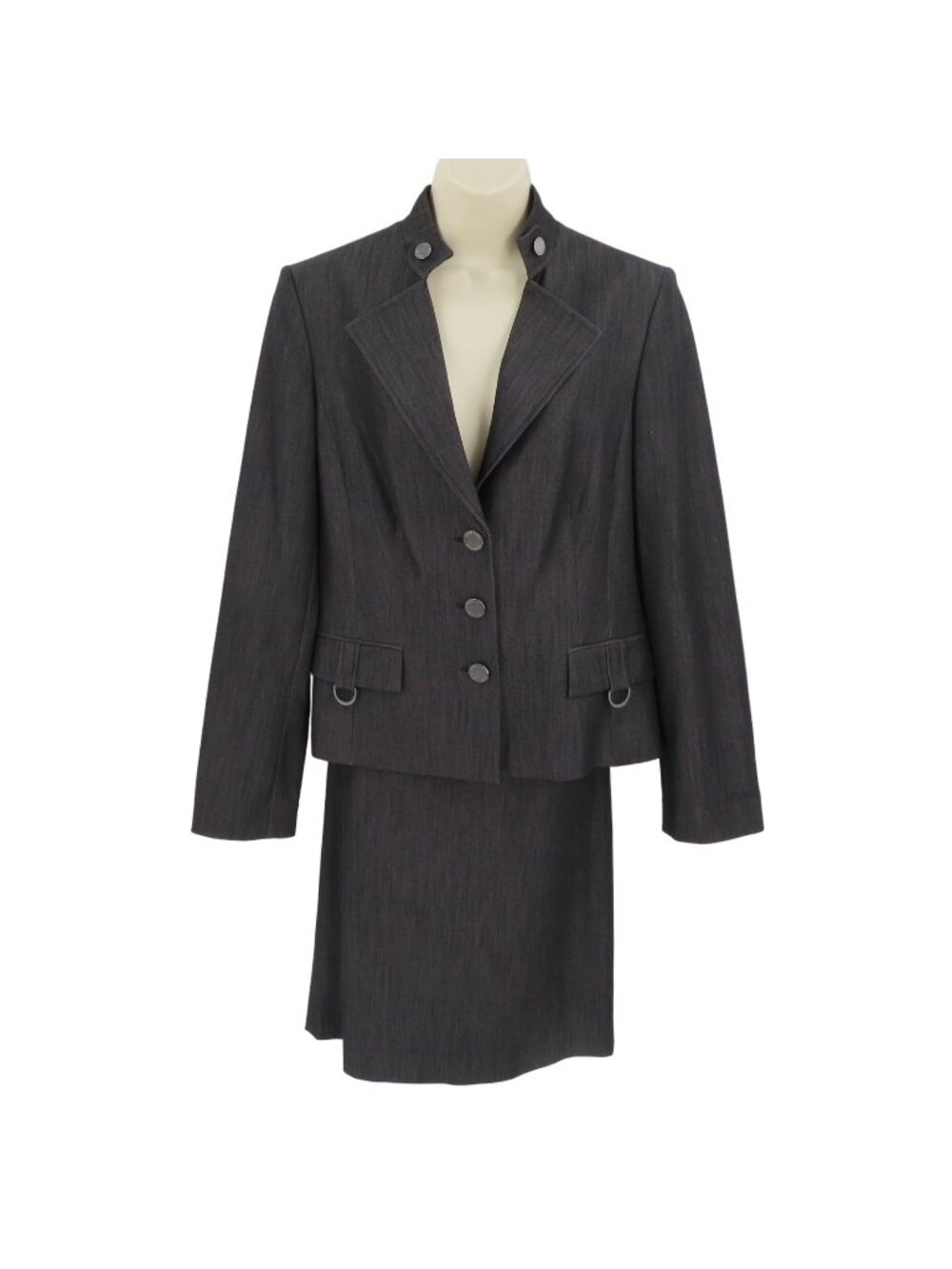 Calvin Klein Women 10 Blue Gray Skirt Suit Blazer Jacket Formal Career 3 Button